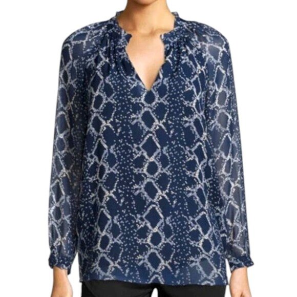 Diane von Furstenberg Silk Leysa Long-Sleeved Blouse - Navy/Ivory - 8 - Picture 1 of 11